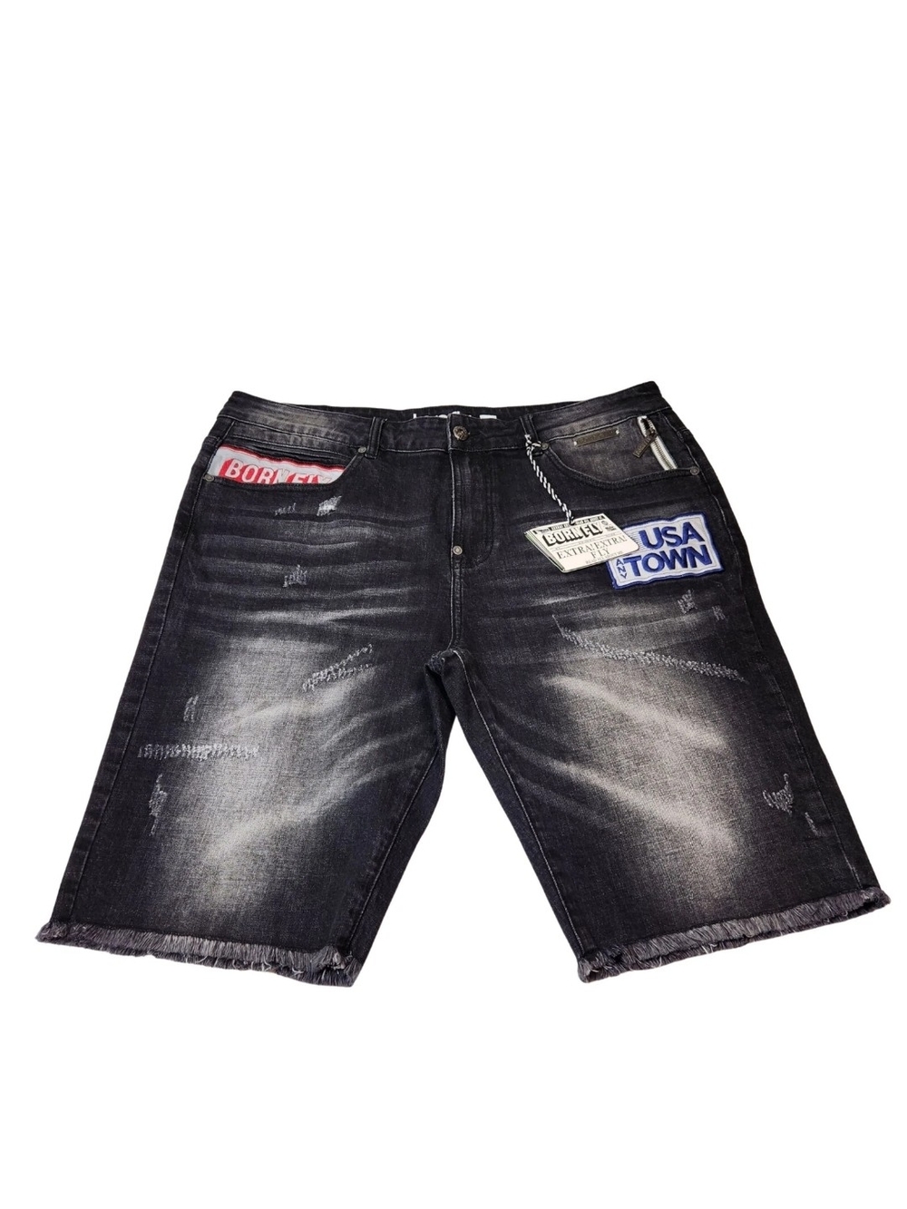 Born Fly Mens Size 38 Shorts Denim Distressed Cutout Patch Design Black Wash 10
